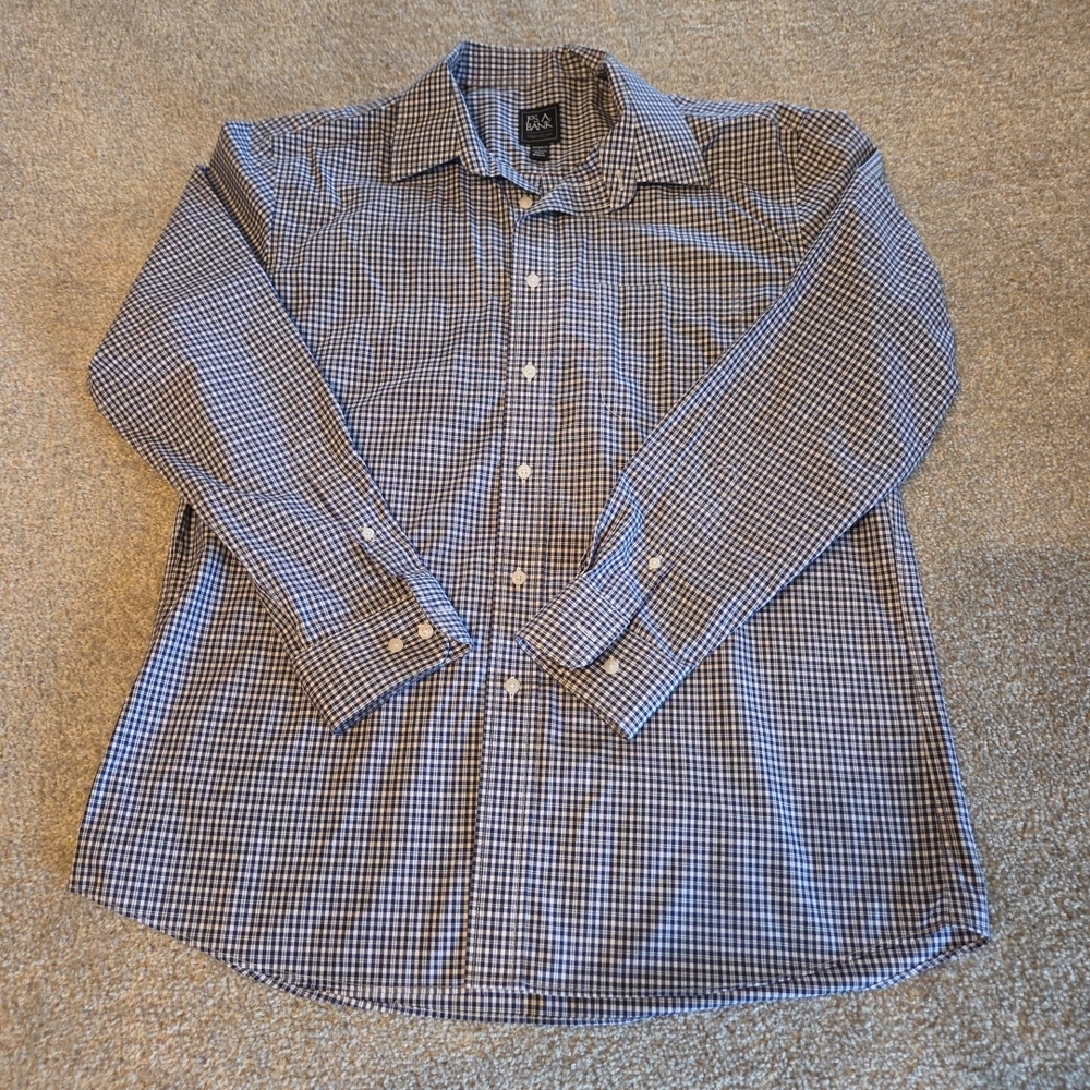Mens Jos A Banks Traveler Dress Shirt LARGE Tailored Fit Blue & White Plaid